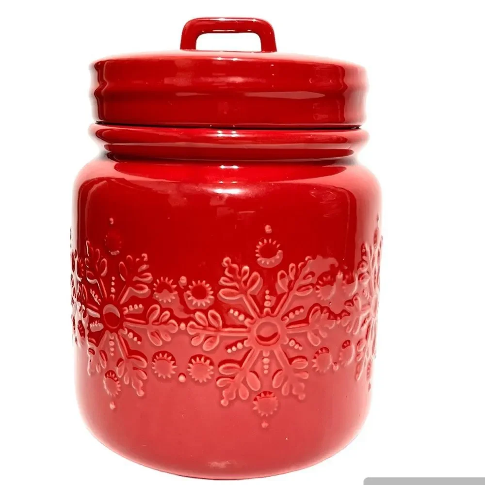 Crate & Barrel Glazed Snowflake Cookie Jar in Red